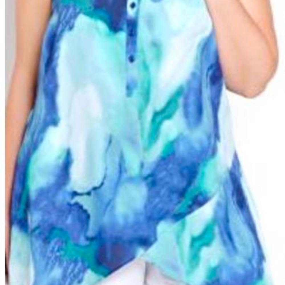 SLEEVELESS TUNIC, TROPICAL GREEN COMBO (Blue, Green, White), SIZE 24, ASYMMETRIC
